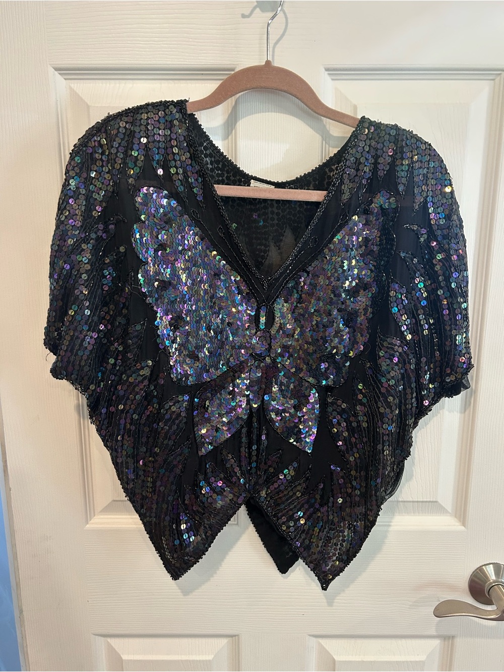 Vintage Pure Silk Black Sequin Beaded Butterfly V-Neck Dolman Sleeve Blouse One